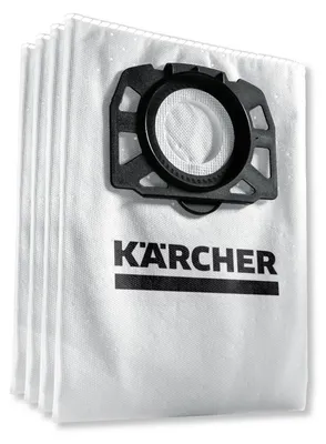 A stack of white vacuum cleaner bags with a black plastic adapter on top, featuring the Kärcher logo.