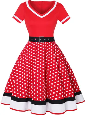 Produktbild von ASKSA Rockabilly Kleider Damen 50er Jahre Vintage Kurzarm V-Ausschnitt Polka Dot Swing Coctailkleid Hochzeit Festlich Knielang Kleid (Rot,4XL)