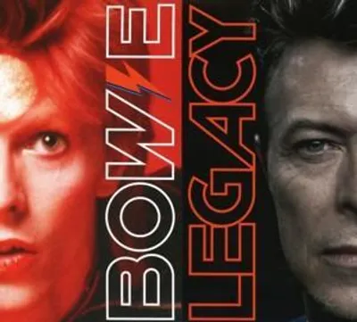 A split image showing two halves of David Bowie's face, with text overlayed.