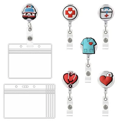Image de Porte-badges pour le personnel soignant, lot de 6, porte-badges pour bénévoles avec clip et pochette, porte-badges enroulables, cadeau pour badges nominatifs, porte-badges