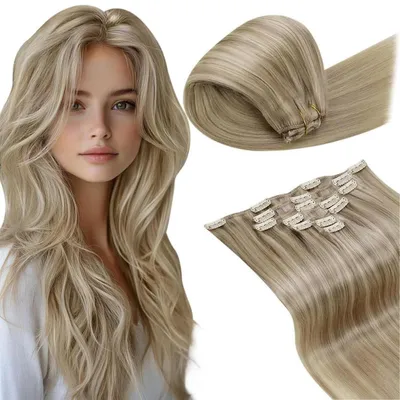 Obrázek produktu pro Clip-in prodlužovací vlasy, přírodní vlasy, melír, blond, 60 cm, 7 kusů, 120 g, odstín #16/22, rovné
