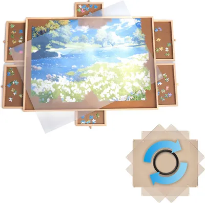 Produktbild von FlinQ drehbares Puzzlebrett mit 6 Schubladen für 1000 Teile – Holz-Puzzeltisch mit Aufbewahrung – 76,2x56,5x4 cm