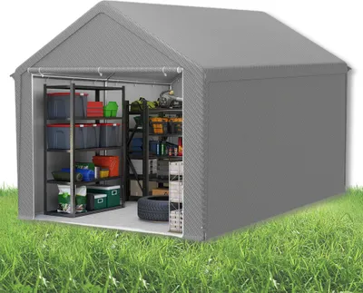 Image de UISEBRT Tente de stockage Abri de jardin Abris de jardin résistant à l'hiver Tente pour outils Carport avec toit résistant aux UV Pergola en plein air avec parois latérales amovibles Tente de pâturage Garage à vélos Abri pour outils - 3x4m - Gris