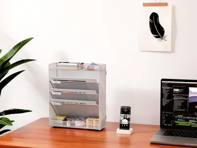Produktbild von 5 Fächer zum Zusammenbauen, Metall, A4, Zeitschriftenhalter, Wandhalter, Dokumentenhalter, hängender Zeitschriftenhalter, Organizer, Prospektständer, Broschürenspender, weiß
