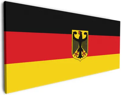 Produktbild von Wallario Premium Leinwandbild Deutsche Flagge mit Wappen in Größe 50 x 125 cm
