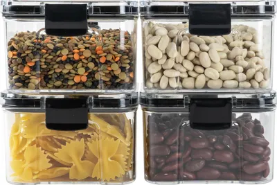 Produktbild von Krumble Vorratsdosen mit Deckel 4 Stück - Vorratsdosen - Lebensmittelkonservierung - Zuckerdose - Weckglas - Bonbonglas - Vorratsdosen - Kunststoff - Fassungsvermögen 460 ml - 10 x 10 x 6,5 cm (lxbxh) - Transparent und schwarz