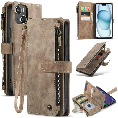 Obrázek produktu pro Kůže pouzdro pro iPhone 15,PolyuretanKožené Pouzdro na Zip, Magnetické Uzavírání, Kapsa na Karty, Stojánek, Peněženka pouzdro hnědé