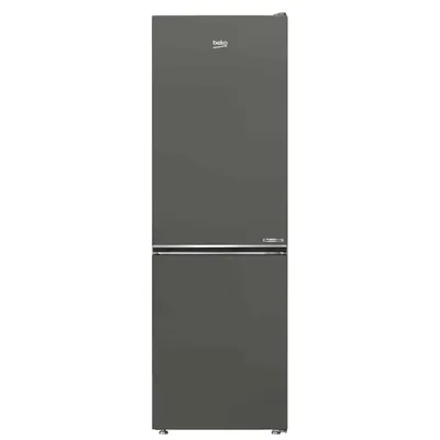 A front view of a gray Beko refrigerator.