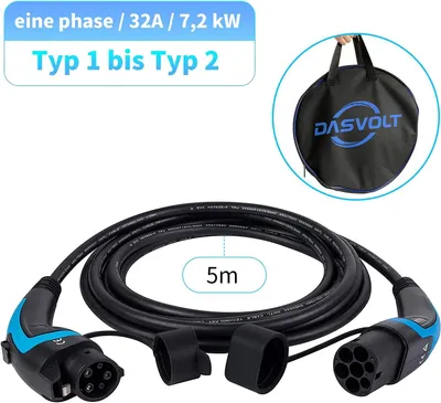 Immagine prodotto di Cavo di ricarica per veicoli elettrici - Tipo 1 a Tipo 2 - 32 Ampere, 7,2 kW - 5 metri