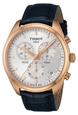 Imagen del producto de Reloj Tissot PR 100 Cronógrafo de cuarzo, acero inoxidable, color rosa, esfera azul, correa de cuero, modelo T101.417.36.031.00