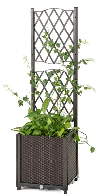 Produktbild von GOPLUS Blumenkasten mit Rankgitter, Hochbeet mit Spalier für Kletterpflanzen & Topfpflanzen, Braun,40 x 40 x 140 cm