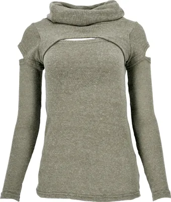 Immagine prodotto di Psytrance maglia fine a maniche lunghe con spalle scoperte, dolcevita - verde oliva, donna, cotone, taglia: S