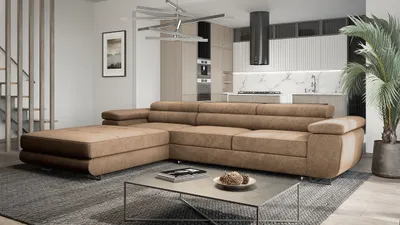 Obrázek produktu pro Rohová sedací souprava GRAINGOLD Santos Twin - rohová sedací souprava s funkcí spaní - moderní design, sametová látka, zásuvka na lůžko - levá - hnědá (Monolit 09)
