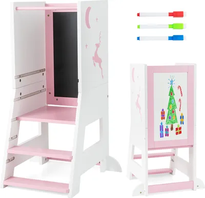 Produktbild von COSTWAY Lernturm Kinder, 2 in 1 Tritthocker Montessori mit 3 verstellbare Höhen, 70 kg Belastbar (Rosa)
