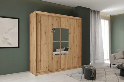 Produktbild von Kleiderschrank JAMAJKA 203 cm Schiebetürenschrank mit Spiegel Wotan + Wotan Lamellen