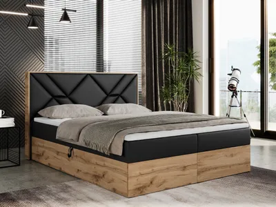 A bedroom scene featuring a large boxspring bed with a black upholstered headboard and a wooden base. The bed is made with pillows and a blanket. A telescope is visible through a large window in the background.