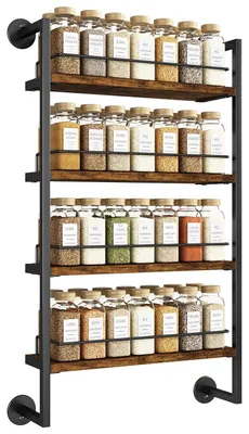 Image de Étagère murale pour 4 pots d'épices, de couleur marron rustique