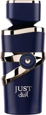 A product shot of a blue and silver perfume bottle.