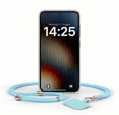 Produktbild von Handyhülle für Samsung Galaxy S25 mit Handykette Band in Hellblau Kordel Hülle Case Schutzhülle Transparent
