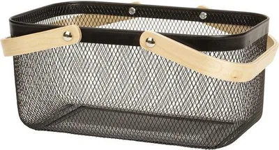 Produktbild von Ibenzoa® Stilvoller Aufbewahrungskorb Schwarz 37 x 24 x 18 cm – Metall mit Holzgriff für Kleidung, Accessoires und Deko