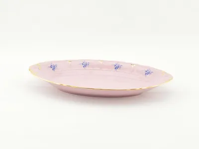 Produktbild von Tiefoval, 23 cm Durchmesser, Schale mit blauem Blumenmuster, rosa Porzellan, Marke: Leander