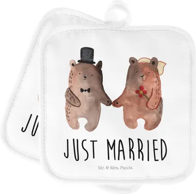 Produktbild von Mr. & Mrs. Panda Topfuntersetzer Bär Heirat - Weiß - Geschenk, Teddy, Kochlappen, Topflappen Set, topfhalter, Verheiratet Heirate Hochzeit Hochzeitsgeschenk Hochzeitspaar