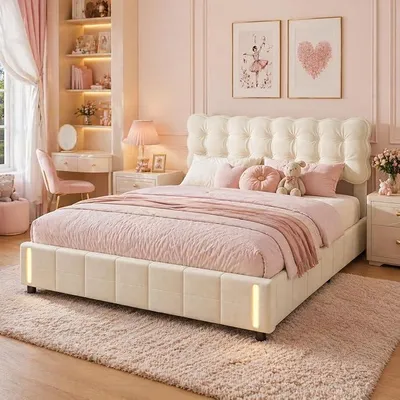 Produktbild von Polsterbett 140 x 200 cm mit LED-Beleuchtung und Stauraum, Bett mit Lattenrost & Gepolstertem Kopfteil, Hydraulisches Doppelbett Jugendbett Mädchen Bett, ohne Matratze (140X200CM)