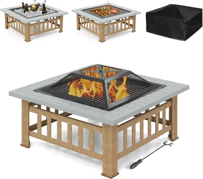 Zdjęcie produktu dla KOMFOTTEU misa paleniskowa, palenisko z rusztem i pokrywą, misa paleniskowa 81 x 81 cm na zewnątrz, stół paleniskowy z pogrzebaczem, palenisko z osłoną przeciwiskrową do podgrzewania grilla (srebrny)