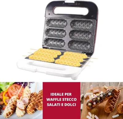 A waffle maker with waffles being made, and finished waffles shown in different contexts.