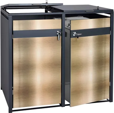 Produktbild von 2er Mülltonnenverkleidung HWC-J82, Mülltonnenbox, erweiterbar, Metall 50kg, anthrazit gold