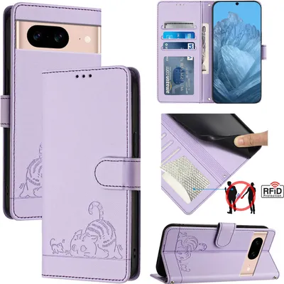 Image de Etui en cuir pour Google Pixel 8A, étui à rabat avec fonction stand et portefeuille Violet