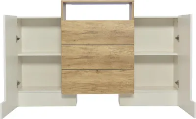 Image de Buffet Commode - Armoire à tiroirs - Éclairage LED - Étagère réglable - MDF - 140 x 30 x 77,5 cm - Blanc/Marron