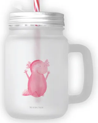 Produktbild von Mr. & Mrs. Panda Glas Axolotl Hurra - Transparent - Geschenk, Motivation, Trinkglas mit Deckel, Lurch, Becher Strohhalm, Schwanzlurch, Cocktailglas, Freude, Mason Jar