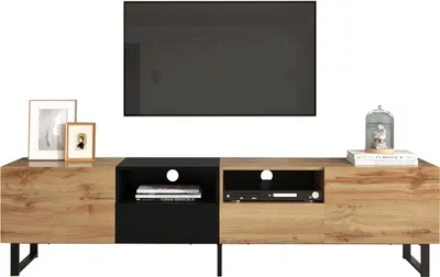 Produktbild von Moderner TV-Ständer mit schwarzem und holzfarbenem Design – geräumiger Stauraum, robuste Konstruktion
