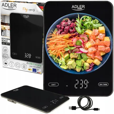 Obrázek produktu pro Kuchyňská váha na baterie s LED displejem, USB napájení, nosnost 10 kg, s funkcí tarování, jednotky: g, lb, oz, ml, značka: Adler