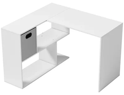 Image de Bureau d'ordinateur en forme de L - Tiroir en tissu - Compartiments ouverts - 110 x 100 x 75 cm - Blanc