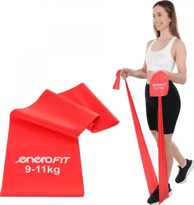 A woman is demonstrating the use of a red Pilates training band.