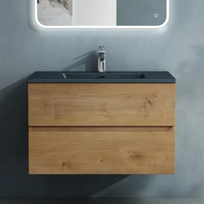 Produktbild von doporro Badmöbel-Set Waschbecken-Unterschrank Badezimmer Waschtisch mit Unterschrank BTH: 80x48x50 cm in Kerneiche inkl. matt Anthrazit Mineralguss-Waschbecken Aqualis
