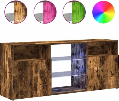 A product image of a TV stand with decorative circular images above it showing different color options and a color wheel.