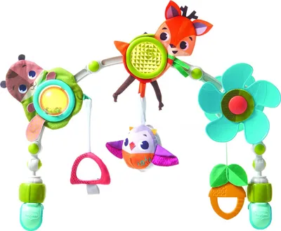 A colorful baby stroller arch with various hanging toys.