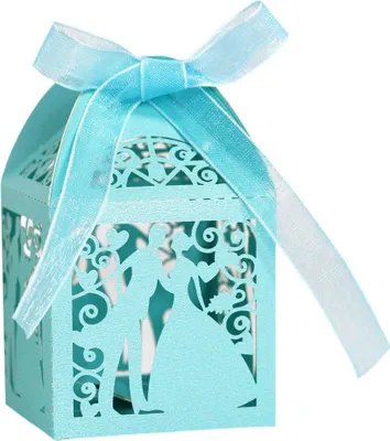 Image de 50 Pack Laser Cut Sweet Couple Wedding Favor Boxes, Party Favor Box, Petites Boîtes Cadeaux, Valentine Boîtes à Bonbons Avec Rubans