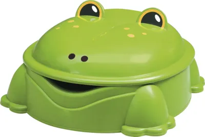 A green frog-shaped sandbox.