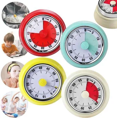 Obrázek produktu pro 4 mechanické kuchyňské časovače, vizuální časovače pro děti, 60minutový odpočítávací časovač na vaření, magnetické, bez baterií