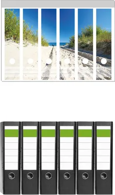 Produktbild von Wallario 6 Stück breite Ordner inkl. Klebeetiketten mit Motive Auf dem Sandweg zum Strand - Blauer Himmel über dem Meer -  Set mit Rückenschildern / Ordnerrücken Stickern