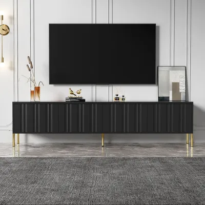 Productafbeelding van AIORBER TV-kast, minimalistische stijl, gouden poten, geribbelde deuren, ruime opbergruimte, gemakkelijk schoon te maken, 190x38x48 cm, zwart