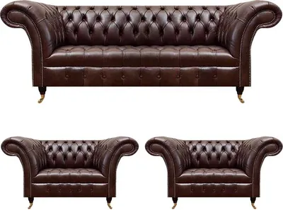 Produktbild von Luxus Braune Chesterfield Ledermöbel Designer Dreisitzer 2x Sessel 3tlg