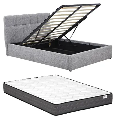 Produktbild von Bett mit Kommode 160 x 200 cm - Buchenholzstoff - Grau + Matratze - MAZIRI