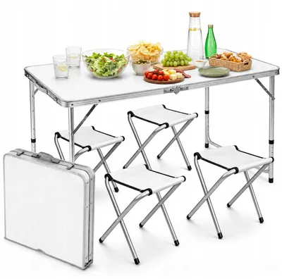 Produktbild von OMNA | Campingtisch Set - 120x60 cm - Weiß - 4 Stühle - Zusammenklappbar - Ideal für Outdoor-Aktivitäten