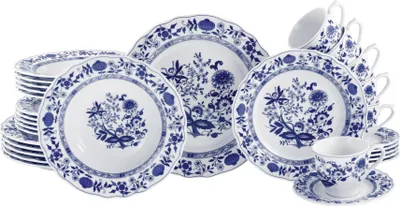 A set of blue and white floral patterned porcelain dishes, including plates, bowls, and cups, arranged on a white background.