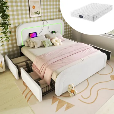 Produktbild von Doppelbett Polsterbett 140x200cm, Bettgestell mit USB Typ C  LED und 4 Schubladen,Sherp-Weiß Mit Matratze
